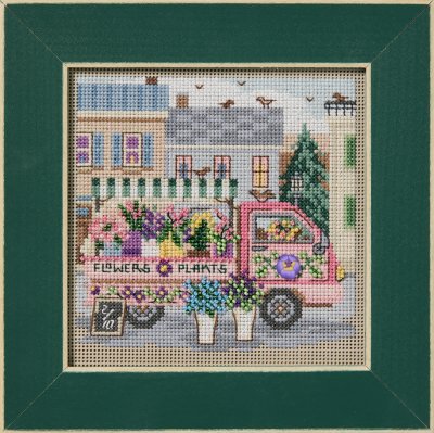 Mill Hill Flower Truck Kit #MH14-2614 from the Buttons & Beads Spring Series 5.25" x 5.25"/13.3 cm x 13.3 cm Counted and Beaded Cross Stitch